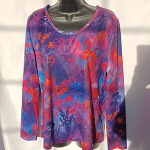 Reel Legends Long Sleeve Floral Performance Top, Red/Purple/Blue, L, 21"PTP, 24L